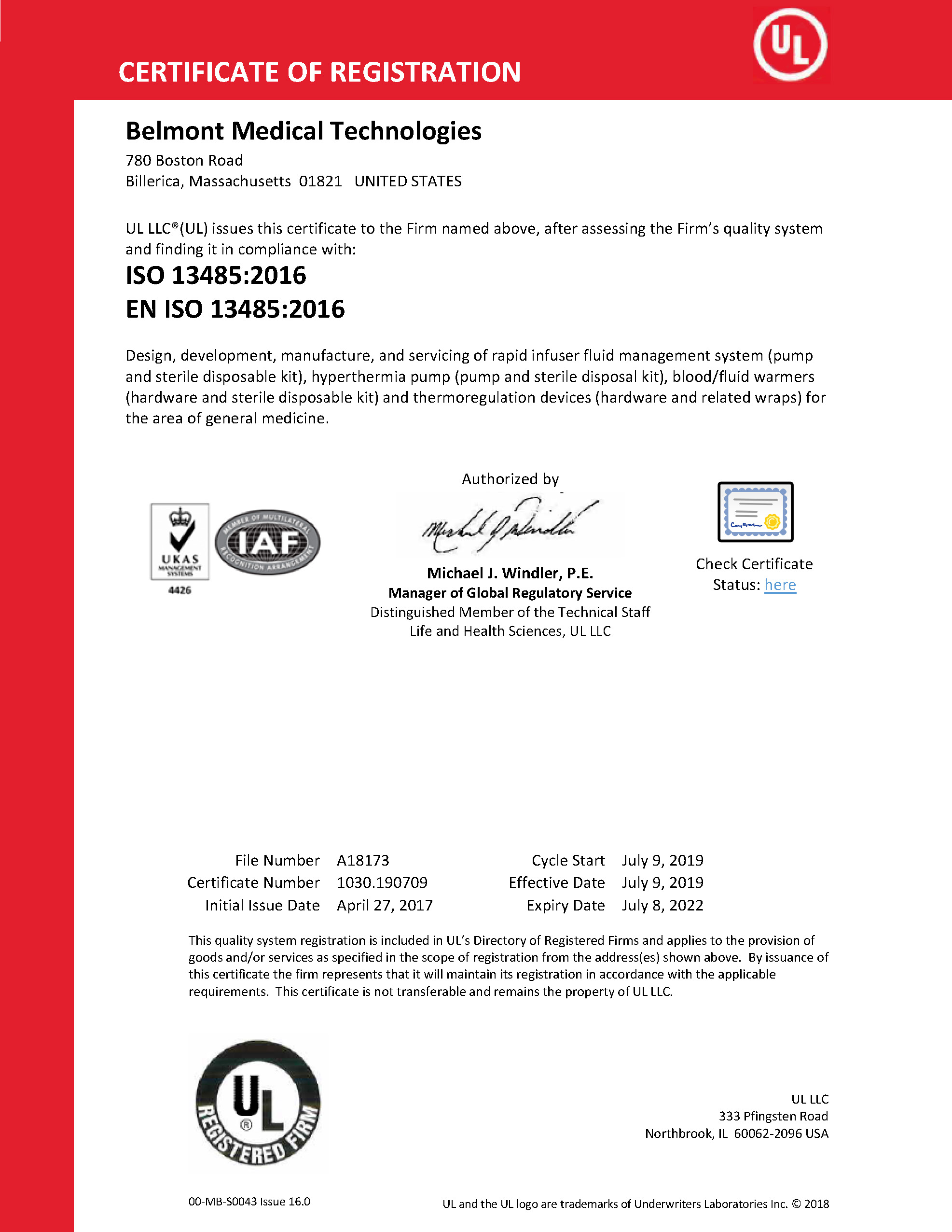 Belmont Medical Technologies ISO 13485-16 Certificate | Belmont Medical