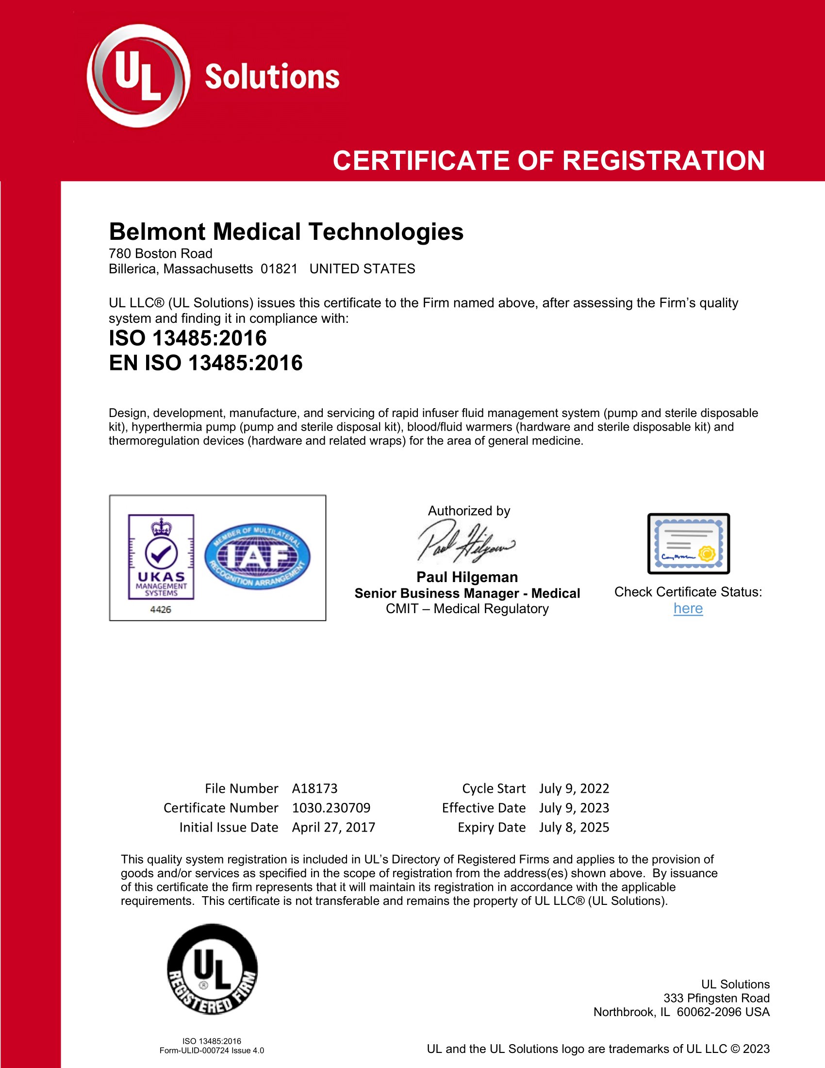 Belmont Medical Technologies ISO 13485 Certificate