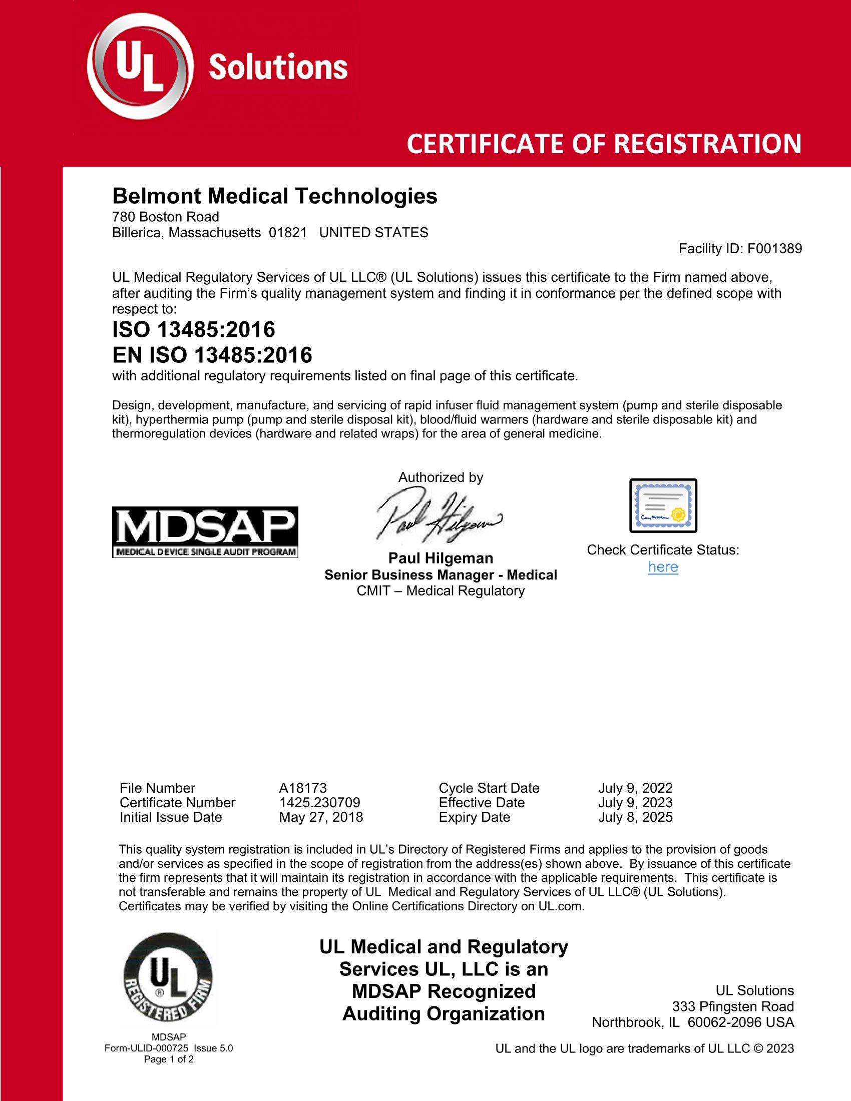 Belmont Medical Technologies MDSAP Certificate